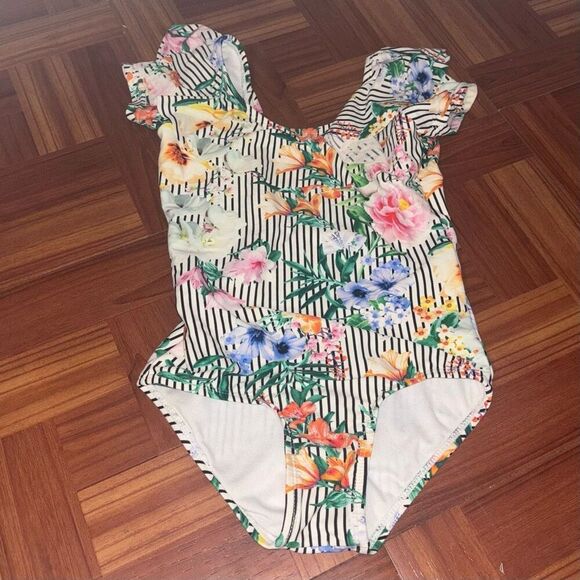 GB Girls Striped Floral One Piece Swimsuit Medium - Picture 1 of 4